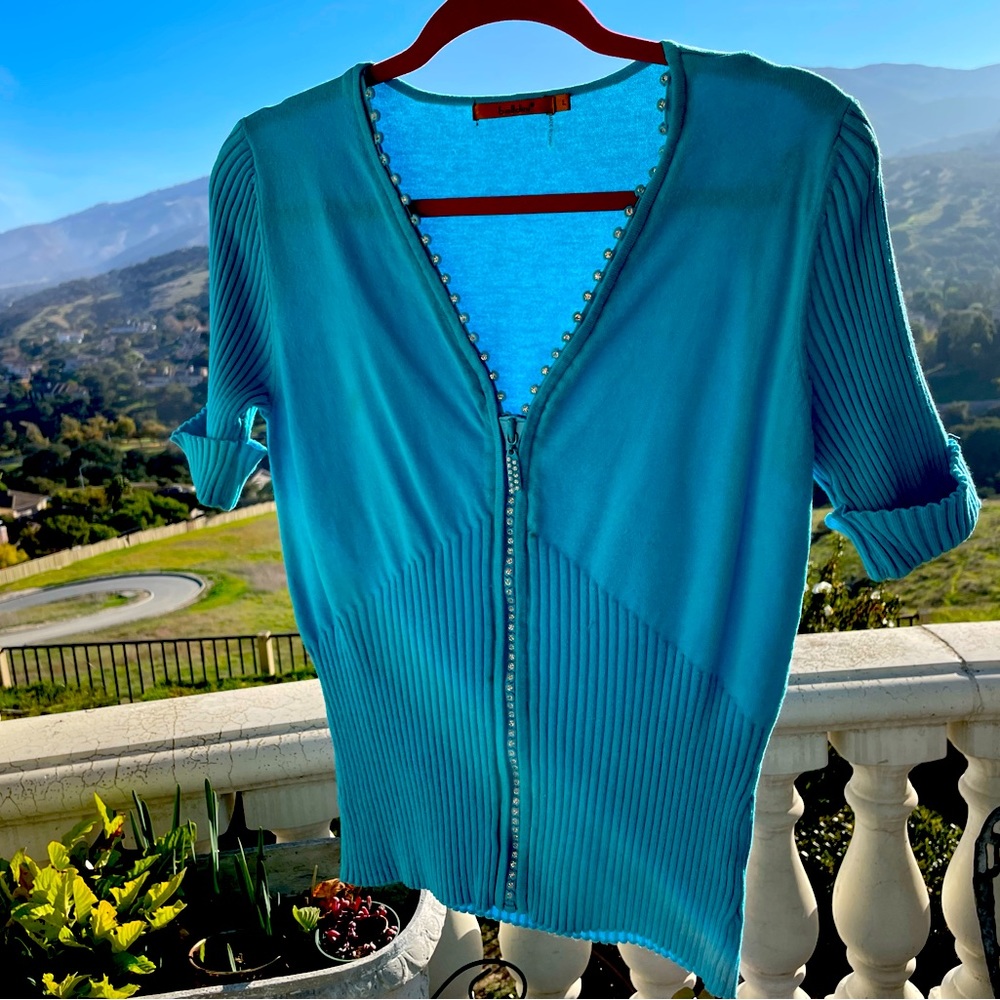 Jeweled Zippered and Blue Sweetheart Sweater 💦